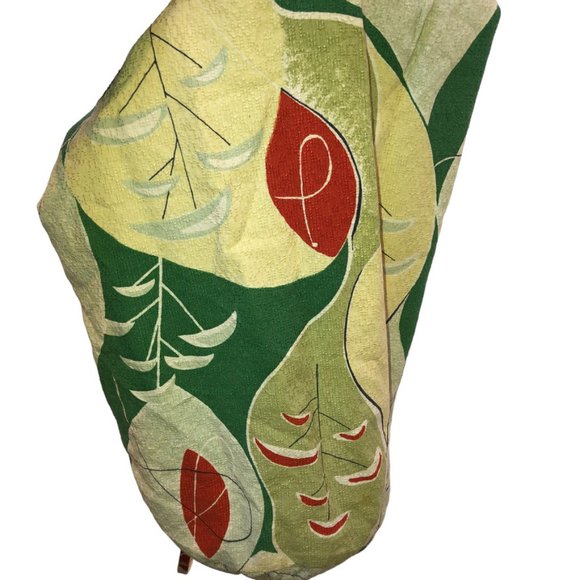 Vintage Bark Cloth Spring Green Red Leaf Print Cinch top Duffel bag - Picture 2 of 5